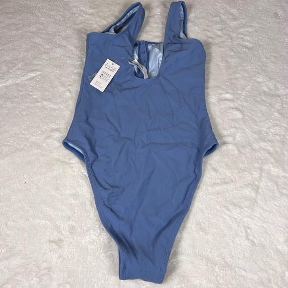 Cupshe Women's Blue Ribbed Henley One Piece Swimsuit Long Torso Medium Tall NWT - Picture 6 of 10